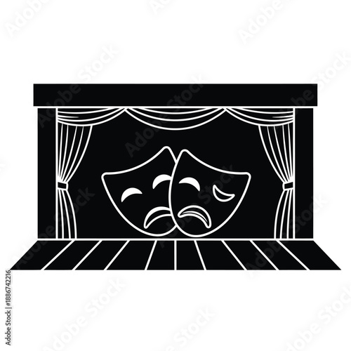 Black and white illustration of theater stage with comedy and tragedy masks vector