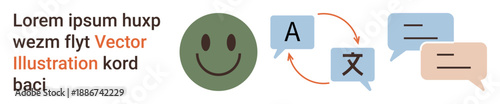 Language learning, translation tools, communication skills, global interaction, multilingual education, international dialogue. happy face with speech bubbles and translation symbols. Language