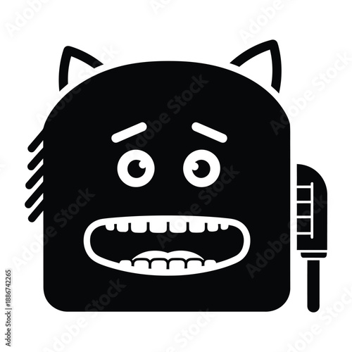 Black cartoon monster with cat ears and open mouth holding a microphone white character