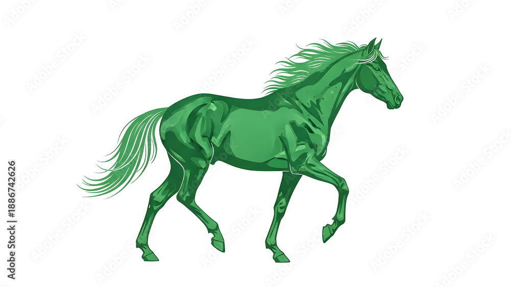 Fototapeta premium Silhouette of a green horse galloping on a white background