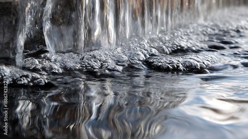 A stream of water is flowing down a wall. The water is clear and has a silvery sheen