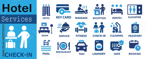 Hotel Services and Amenities Icon Collection – 18 Labeled Symbols