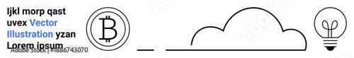 Cryptocurrency, cloud computing, tech innovation, digital security, idea generation, blockchain concepts. Minimal icons include a Bitcoin symbol, a cloud and a light bulb. Cryptocurrency and cloud