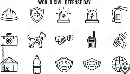 World Civil Defense Day Outline Icons Set: Emergency Response, Safety, First Aid, and Rescue Equipment  Personnel