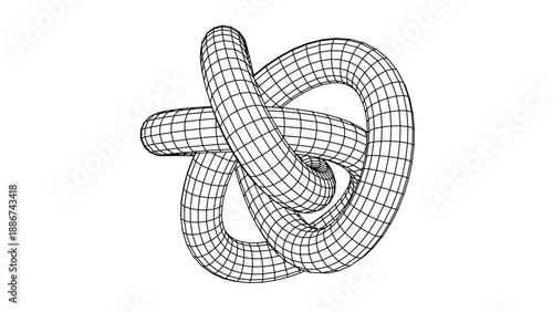 Monochrome Wireframe Grid Shape. Abstract 3D Geometric Knot Shape