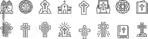 Christian religion line icon set with praying hands, cross symbols, church building, Bible book, holy grave, and spiritual faith outline vector collection.