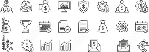 Set of finance and business line icons featuring money bag, charts, trophy, shield, gears, calendar percent, invoices, email payment, and global investment symbols.