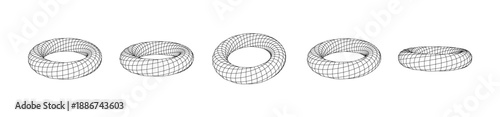 Monochrome Wireframe Grid Shape. Abstract 3D Twisted Torus Shape