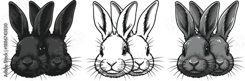 Easter sunday rabbits in black and white illustration
