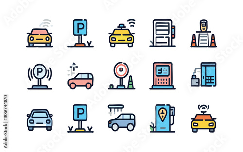 Parking and Car Service Flat Line Icon CollectionPrint