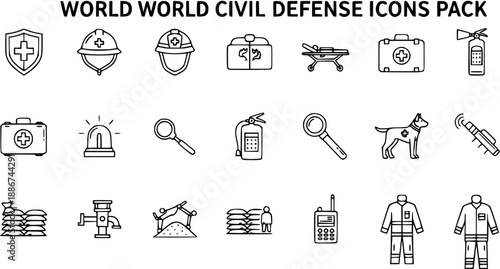 World Civil Defense Icons Pack: Emergency, Safety, and Rescue Line Art Collection