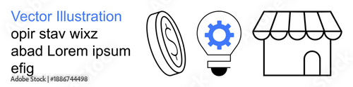 Business, finance, innovation, retail, entrepreneurship, commerce. a light bulb with gear, a vertical coin and a storefront icon. Business and innovation concept