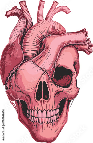 Pink anatomical human heart integrated with a realistic human skull featuring detailed veins and arteries for medical horror biology education and gothic aesthetic flat vector.