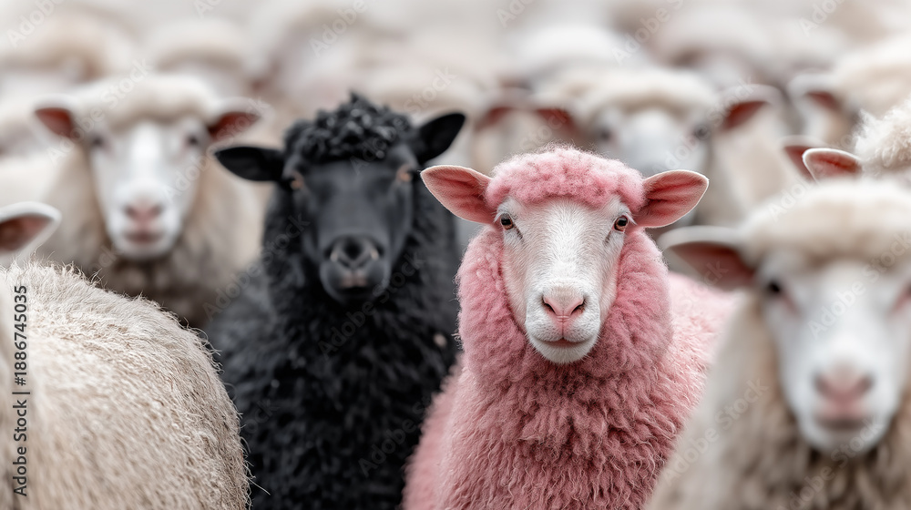 Obraz premium Creative concept image of a pink sheep among a flock of white sheep. Symbol of individuality, uniqueness, nonconformity, standing out from the crowd, diversity and creative thinking.
