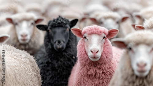 Creative concept image of a pink sheep among a flock of white sheep. Symbol of individuality, uniqueness, nonconformity, standing out from the crowd, diversity and creative thinking.