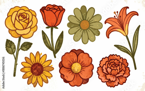 Retro Vintage Flower Icon Set Floral Vector SymbolsPrint