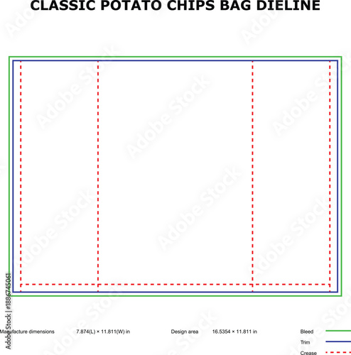 A technical diagram of a classic potato chips bag dieline template
