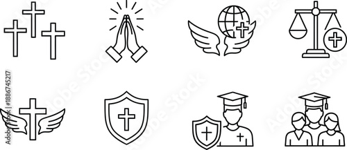 Easter sunday symbols and icons featuring crosses praying hands and easter eggs