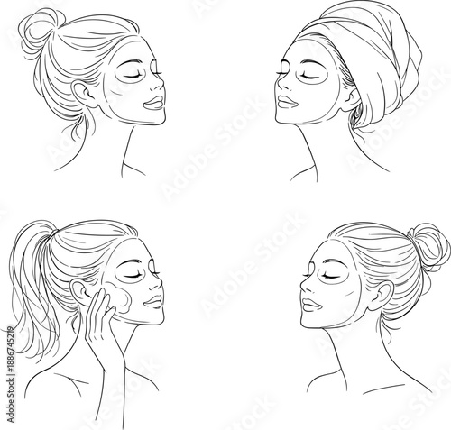 Set of minimalist monochrome line art illustrations featuring a woman engaged in various facial skincare routines including applying face masks cleanser and moisturizer for beauty and self care wellne