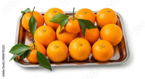 Fresh Oranges with Leaves on Tray.