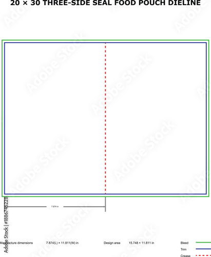 A technical diagram of a 20 x 30 three-side seal food pouch dieline