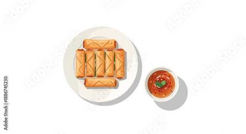 Spring Rolls with Dipping Sauce on Plate.