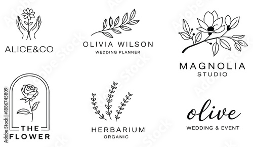 botanical bohemian logo set with line beauty leaf elements wedding chic floral monogram alphabet for cafe photography studio and creative design branding.