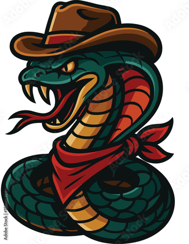 Flat vector illustration of a green king cobra wearing a brown cowboy hat and red bandana representing an outlaw wild west animal character mascot design.