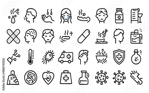 Sickness and Disease Linear Icon Set for Healthcare