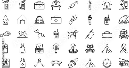 Emergency Preparedness and Safety Icons: Fire, First Aid, Rescue  Survival Gear