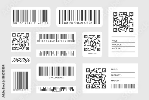 Set of Barcode and QR Code Labels, Pricing Tags, Serial Numbers and Package Tracking Vector