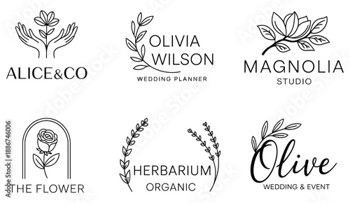 botanical bohemian logo set with line beauty leaf elements wedding chic floral monogram alphabet for cafe photography studio and creative design branding.
