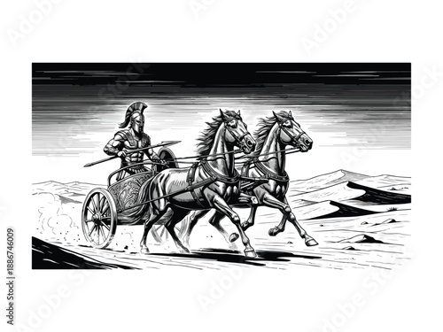 Ancient Warrior Chariot Illustration in Black and White Vector Style