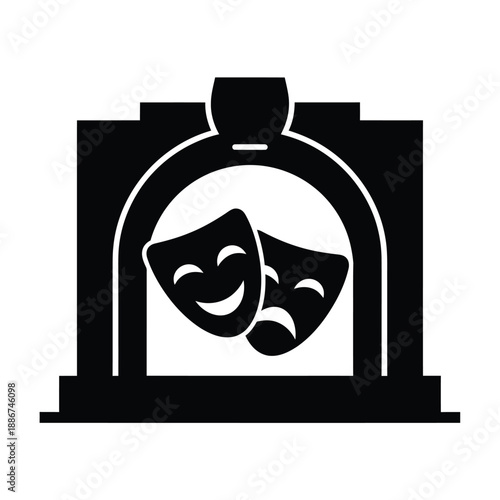 Black silhouette of theater masks comedy tragedy within archway drama