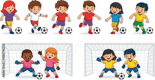 Kids playing soccer cartoon vector set with children football actions goalkeeper and team poses isolated