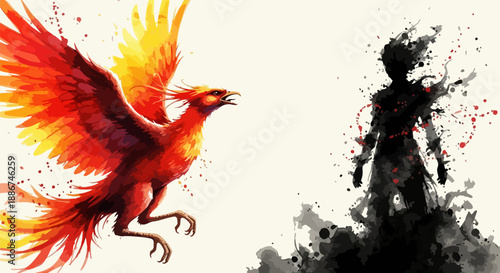 Majestic fiery phoenix bird facing a dark mysterious silhouette figure representing shadow transformation on white background