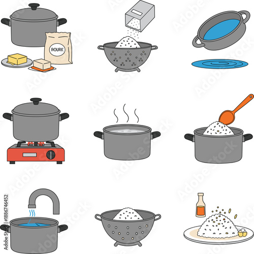 Cooking rice process vector set with boiling straining washing and serving steps isolated