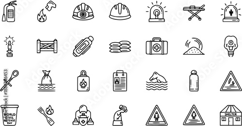 Civil Defense Icons: Fire Extinguisher, Helmet, Siren, Stretcher, Sandbags, First Aid, Shelter