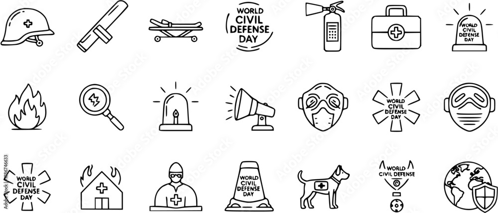 Fototapeta premium Civil Defense Day Icons: Safety, Emergency, Protection, and Rescue Symbols