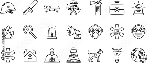 Civil Defense Day Icons: Safety, Emergency, Protection, and Rescue Symbols