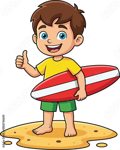 Cartoon boy with surfboard on beach yellow shirt