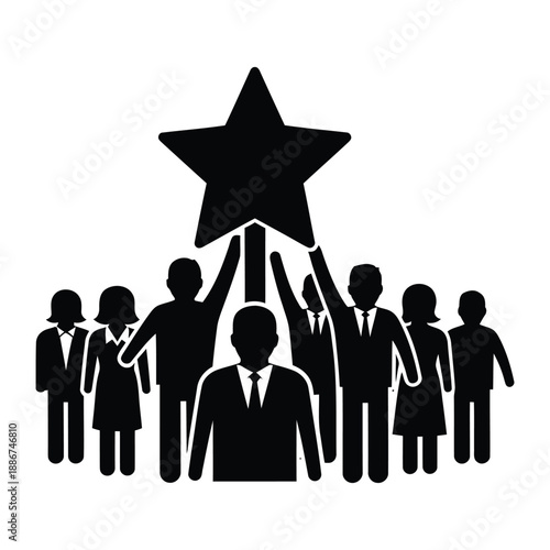Group of people holding up a large star icon team business
