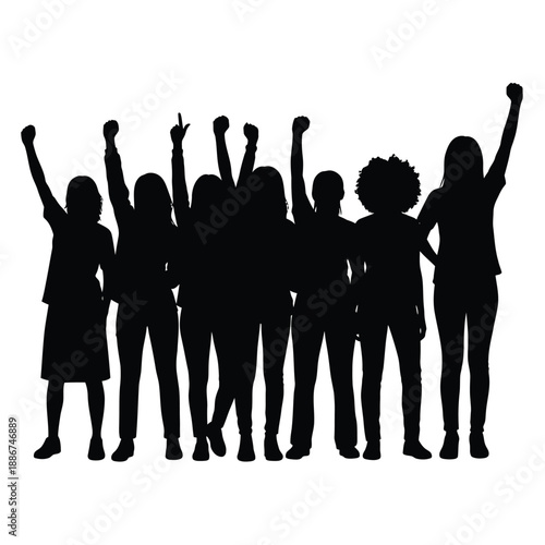Diverse group of women with raised fists and arms in silhouette vector
