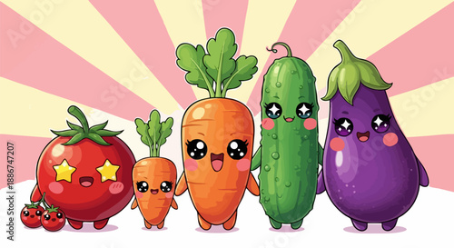 Five cute cartoon kawaii style vegetables standing together in a cheerful group illustration on white background