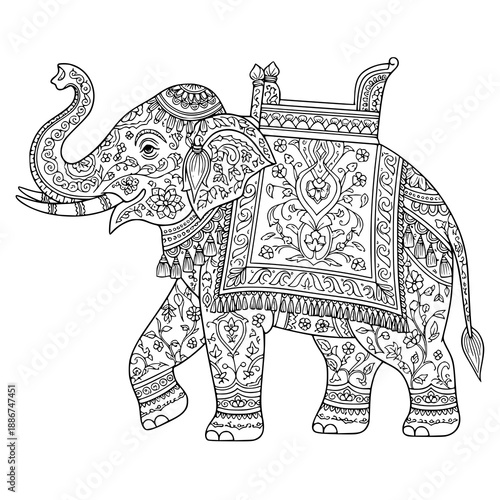 Majestic Mughal elephant vector illustration with intricate ornamental and floral designs