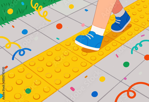 colorful pathway with person walking on tactile tiles surrounded by party confetti outdoors
