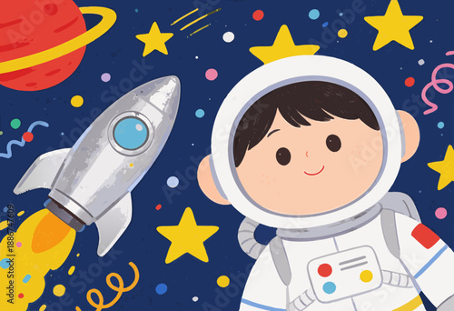 child in space suit dreaming of adventure with rocket and stars in colorful universe