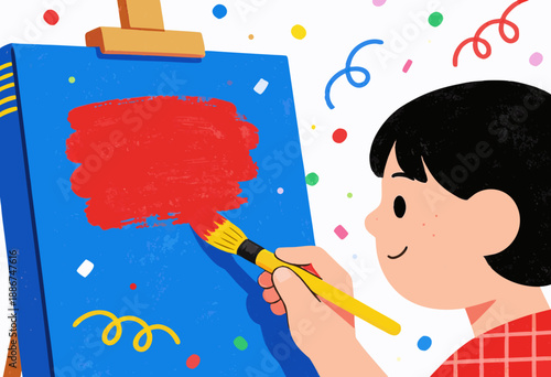 child painting with red paint on canvas during colorful festive celebration