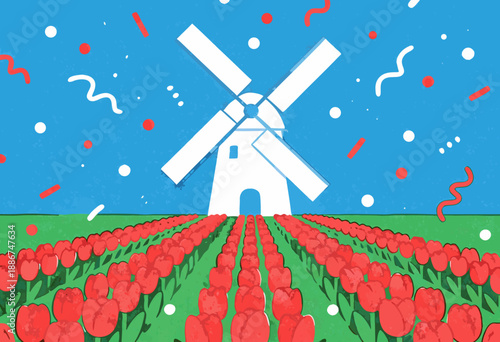 colorful tulip field with windmill on a sunny day, vibrant dutch landscape illustration
