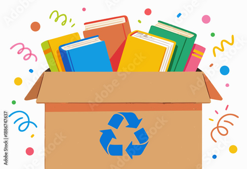 colorful books in a recycling box surrounded by festive confetti and streamers